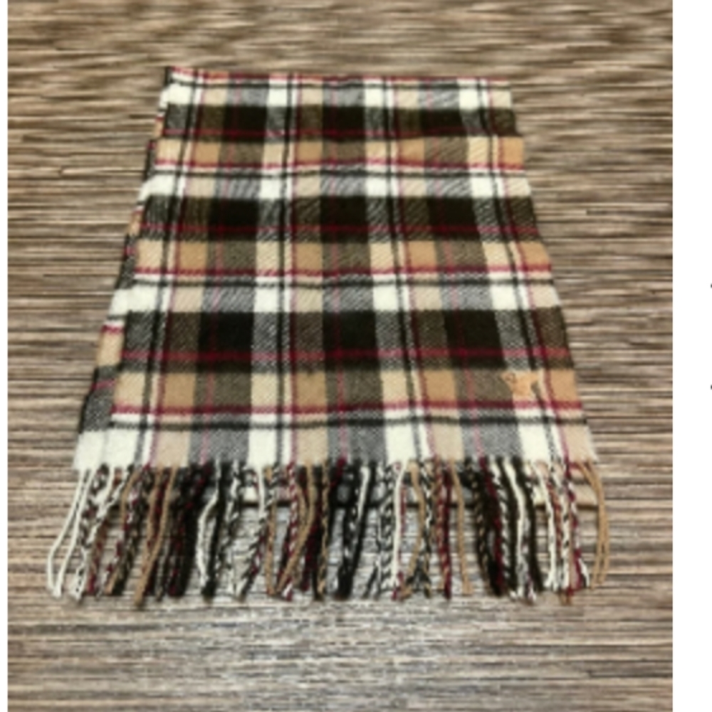 Disney Mickey Mouse Plaid Fringe Scarf Embroidered Neutral Brown Earth Tones